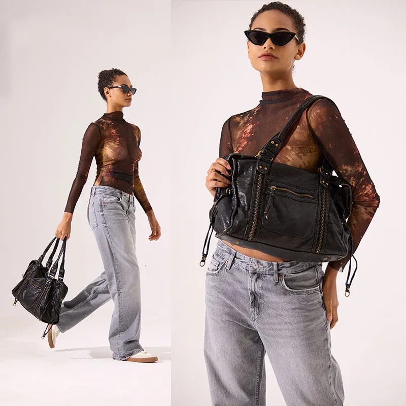 Y2K Spicy Single Shoulder Cross Bag Vintage Leather Motorcycle Bag Large Capacity Bag 250402