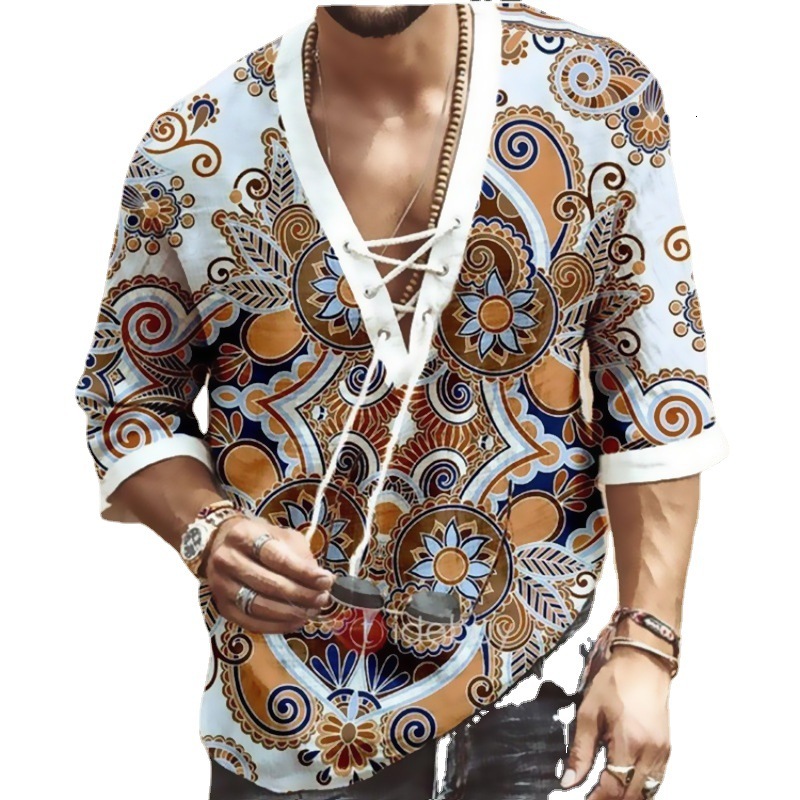 New Mens Chest Strap V-neck Mid Sleeve T-shirt with Digital Printing