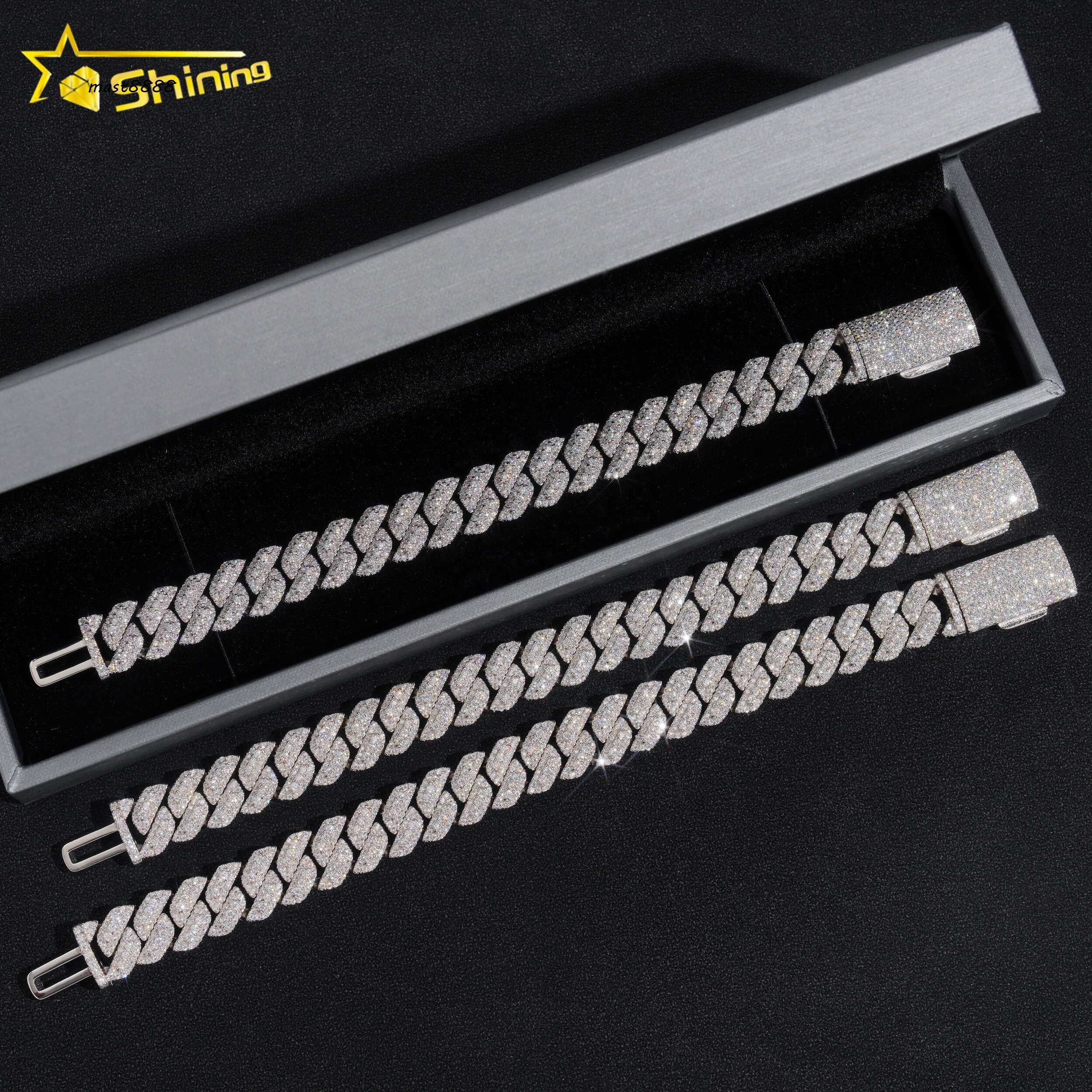 Top Quality Bling Shining 925 Sterling Silver 3 Rows 13mm Width Moissanite Diamond Cuban Link Bracelet