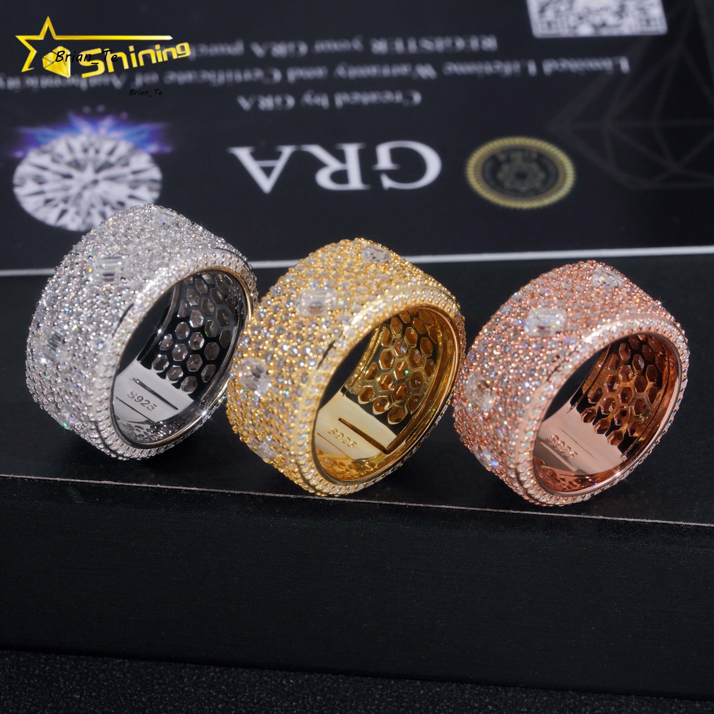 GRA Certificate 925 Sterling Silver Gold Plated Hip Hop Jewelry Baguette Fully Iced Band Rings VVS Moissanite Hip Hop Ring