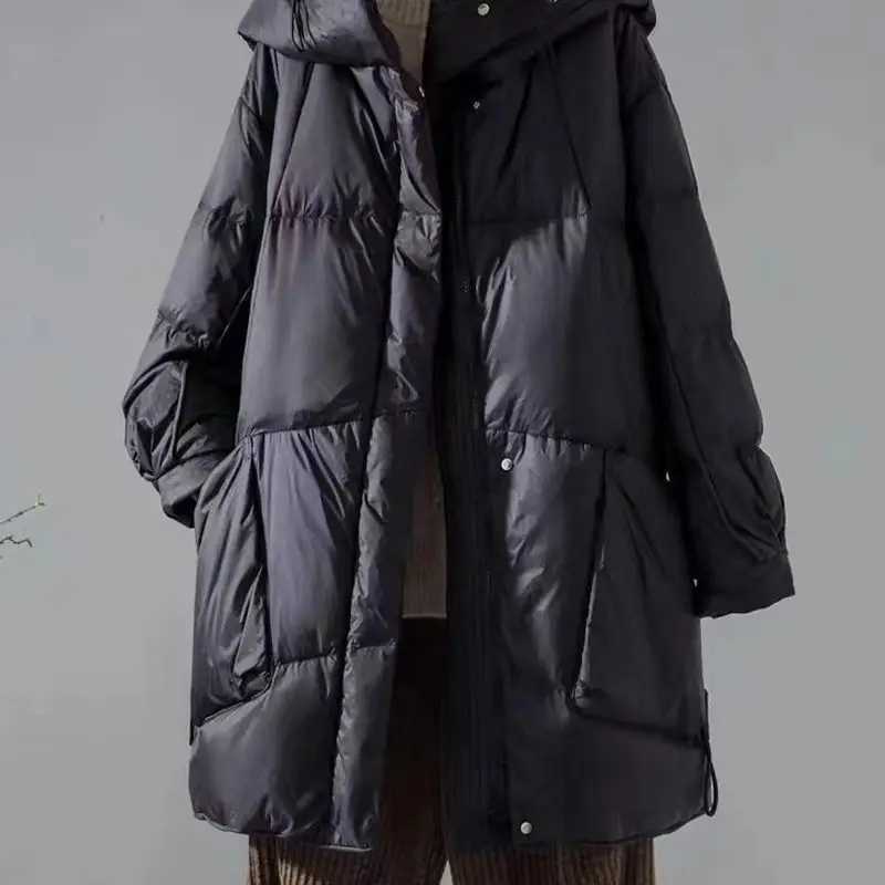 2024 New Winter Women 90 White Duck Down Jacket Casual Loose Over Size Warm Parka Female Drawstring Hooded Puffer CoatT251105