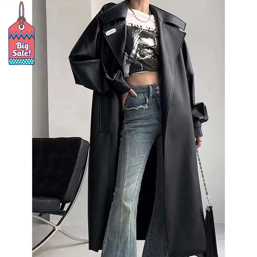 hoodie Women's Wear Oversized Leather Trench Coat For Women Long Sleeve Lapel Loose Lady Jacket With Belt 2024 Autumn New Vintage Streetwear jack