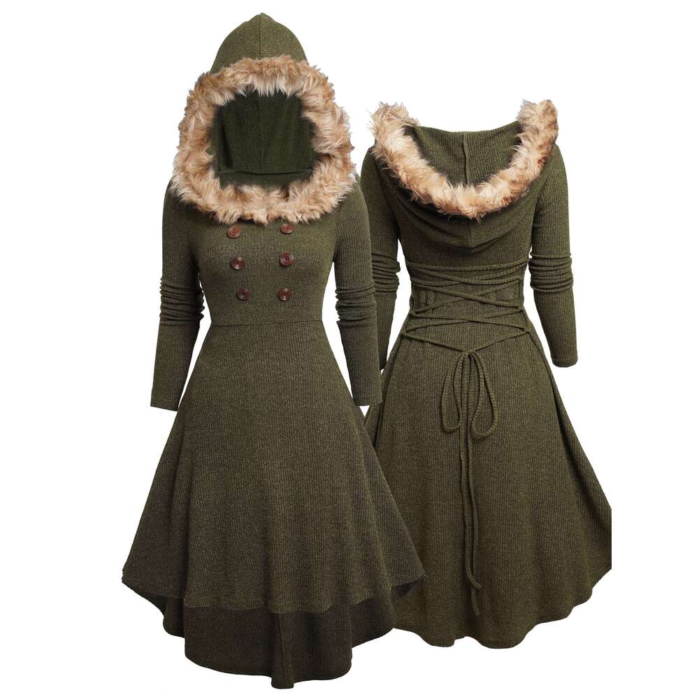 Women's Winter Hooded Dress, Faux-Fur Collar & Adjustable Waist, Long Short Front/Asymmetrical Back Hem High-Elasticity Fit-And-Flare Maxi Gown, 