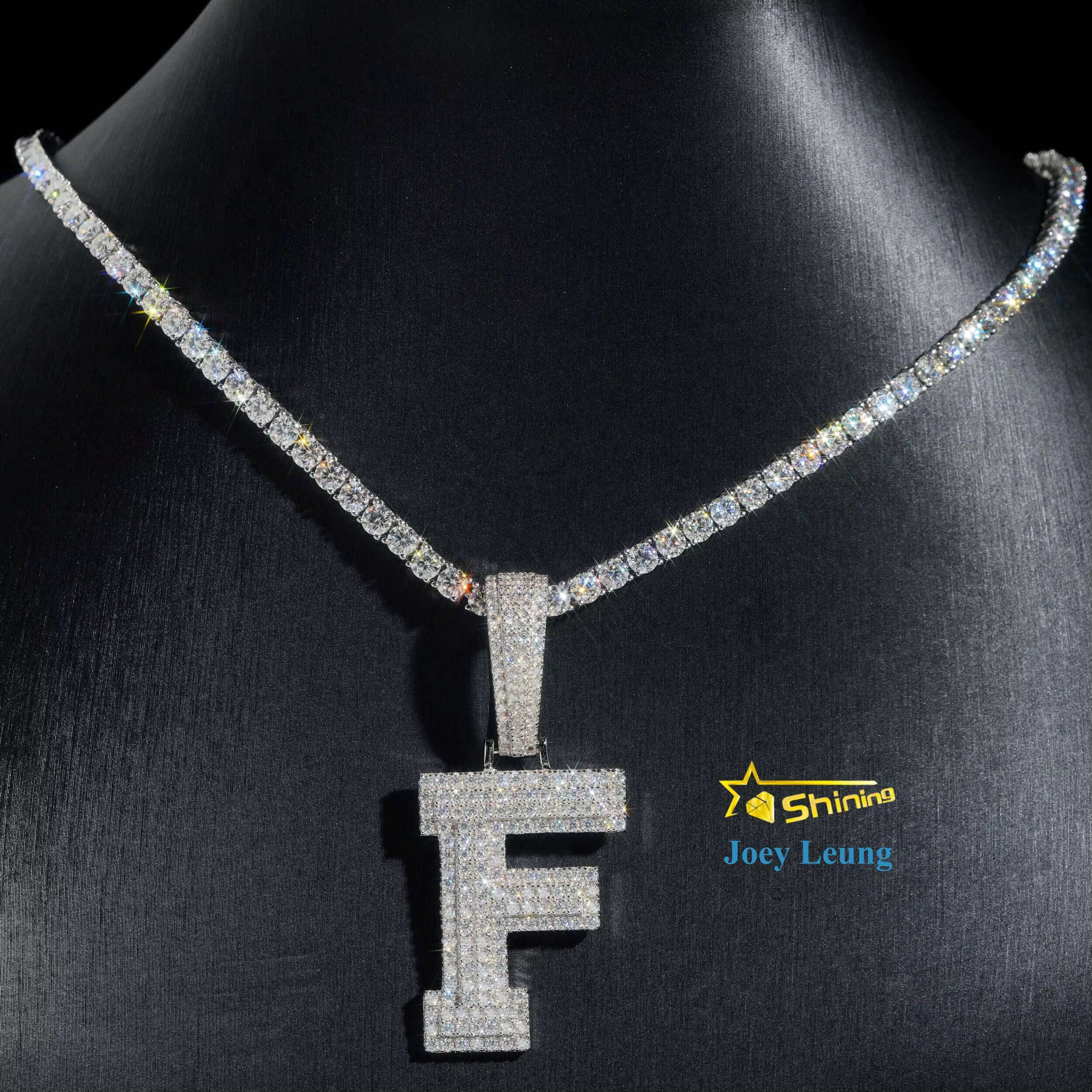 Iced Out Fine Jewelry 925 Sterling Silver Gold Plating VVS Diamond Necklace Initial Letter Moissanite Pendant Hiphop