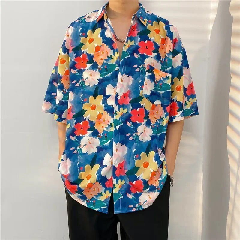 Summer mens Hawaiian shirt 3D floral print casual loose beach shirt short sleeved Tiki shirt mens 250403