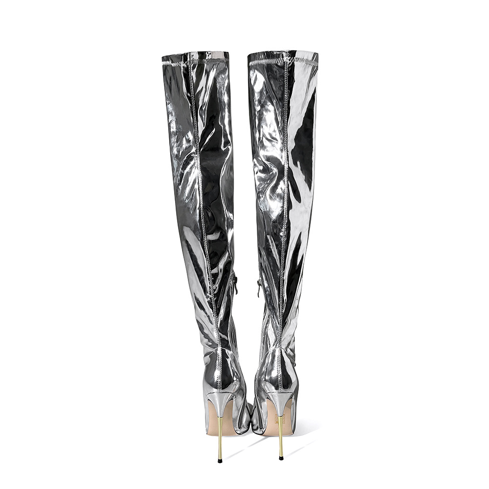 Chengdu Artisan Metallic Laser Over Knee Boots Metal Stiletto Heel Stretch Fit Pole Dance Fashion Boots Silver