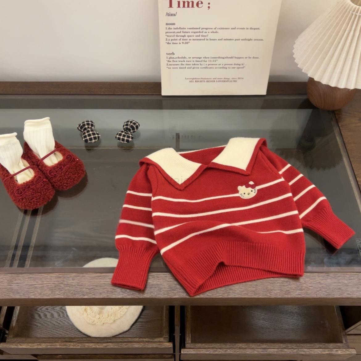 Sanrio Little Five Class Sweater 2025 New Korean Version Childrens Girls Sweater Cartoon KT Cat Striped Turn-down Collar Knitted Trendy H251105