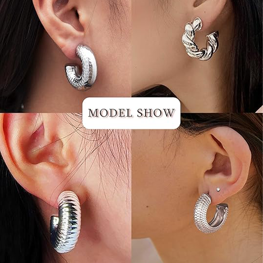 8 Pairs Chunky Hoop Earrings Sets for Women Lightweight Twist CZ Open Huggie Hoops Minimalist Thick Cartilage Hollow Earring Piercing Jewelry Gift Sil