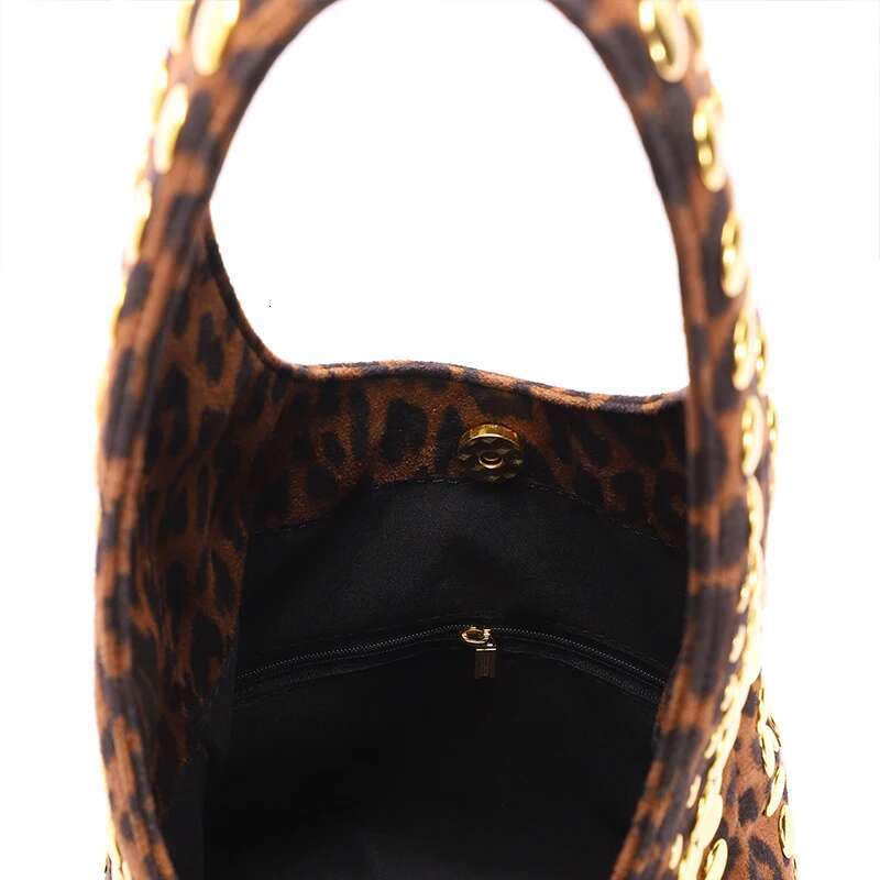 Gold Rivet Punk Underarm New Women's Leopard Print Frosted Bucket Bag High-End Brand Designer Shoulder Tote Handbag