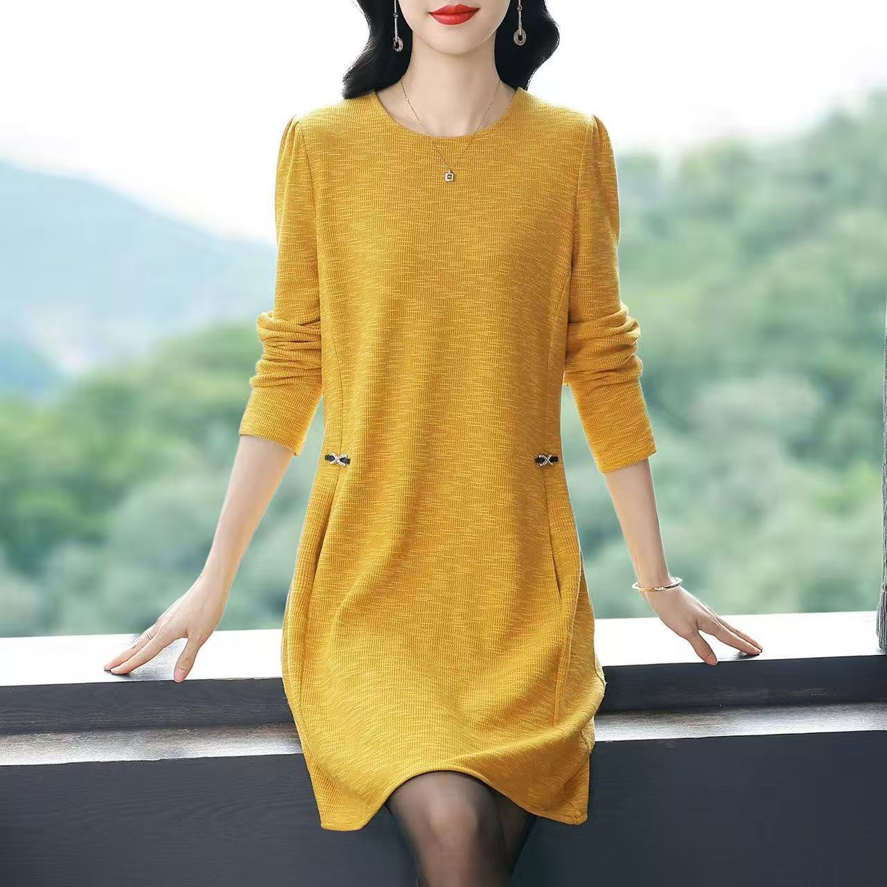 plus size women's new long sleeve high waist printed banquet dress mid-length skirt D02854