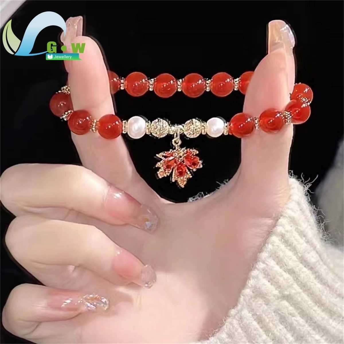 Red Crystal Beaded with Rhinestones MAPle Pendant - Retro Friendship Jewelry Gift for Women Girls Teens Fashion C251105
