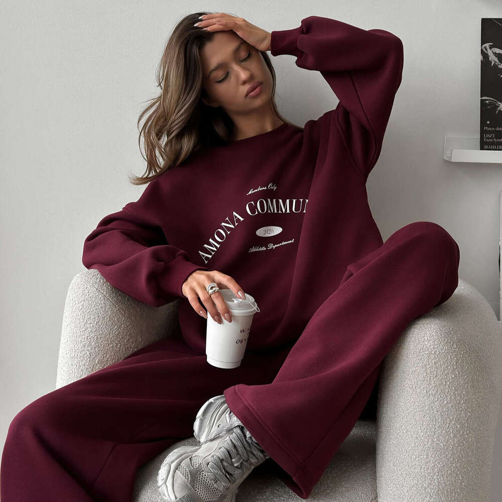 Casual American Retro For Women Street Style Letter Print Loose Round Neck Sweatshirt And Long Pants Two-Piece Set B5