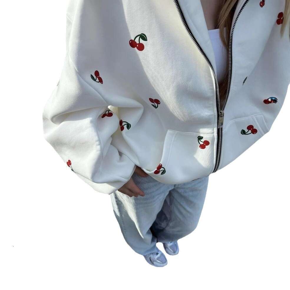 Cherry Print Sweatshirt Jacket Autumn Women European and American Foreign Trade Street Style Fashion Trendy Loose Versatile Sports Hoodie