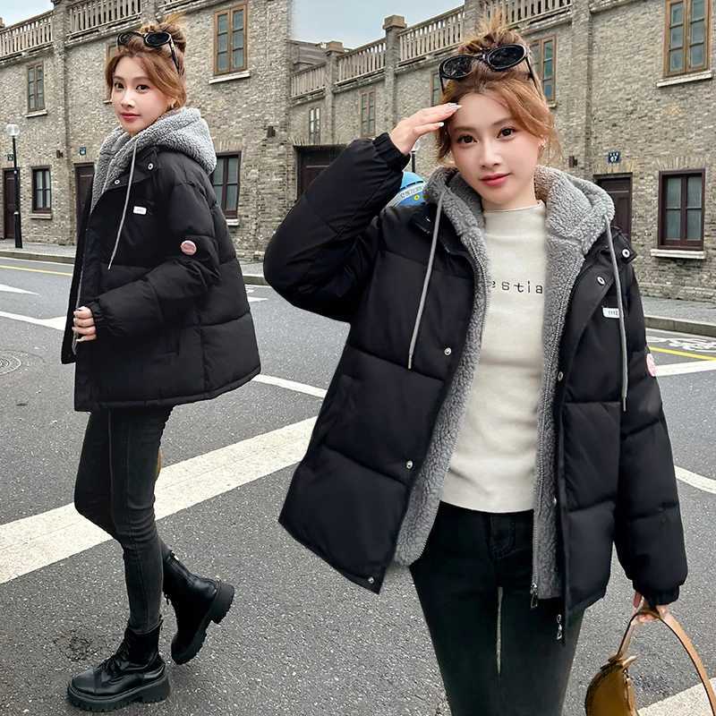Fashion New Thick Wool Coats Loose Winter Down Cotton Padded Jackets Loose Womens Fake Two-piece Coats Hooded Quilted JacketT251105