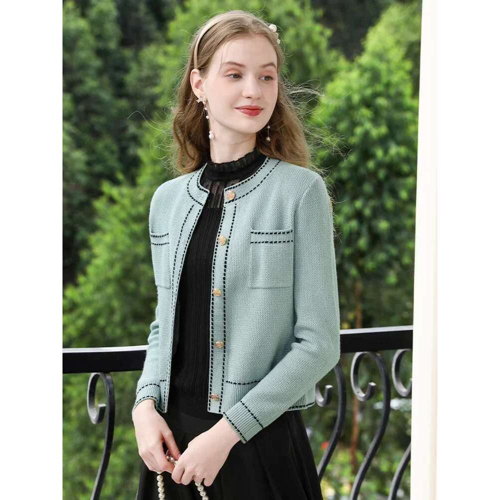 Tweed Long Sleeve Knitted Cardigan For Woman Autumn New Exquisite Patchwork Lady Soft Sweater Coat