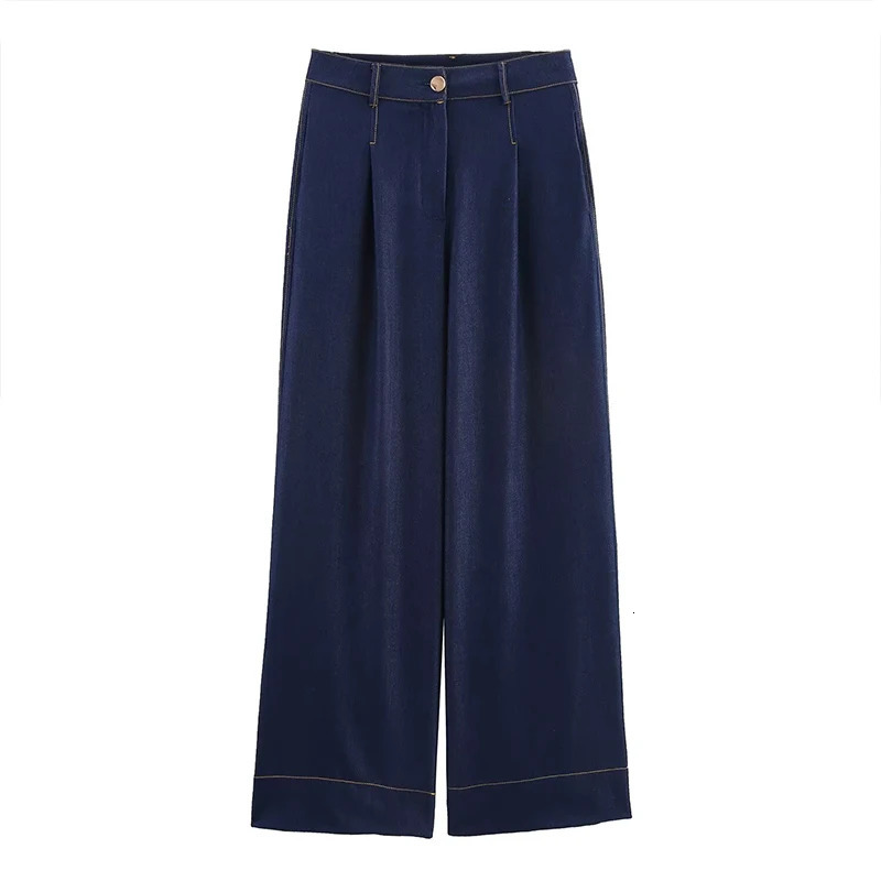 Willshela Womens Fashion Denim Blue Folded Front Zipper Straight Pants Jeans Retro High Waist Full Length Trouser 250403