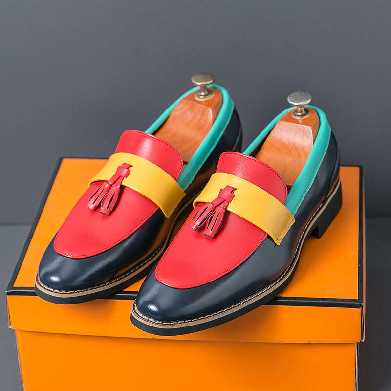 Men's in plus size, new casual leather shoes, fashionable men's foot covers, loafers, trendy color blocking tassel shoes
