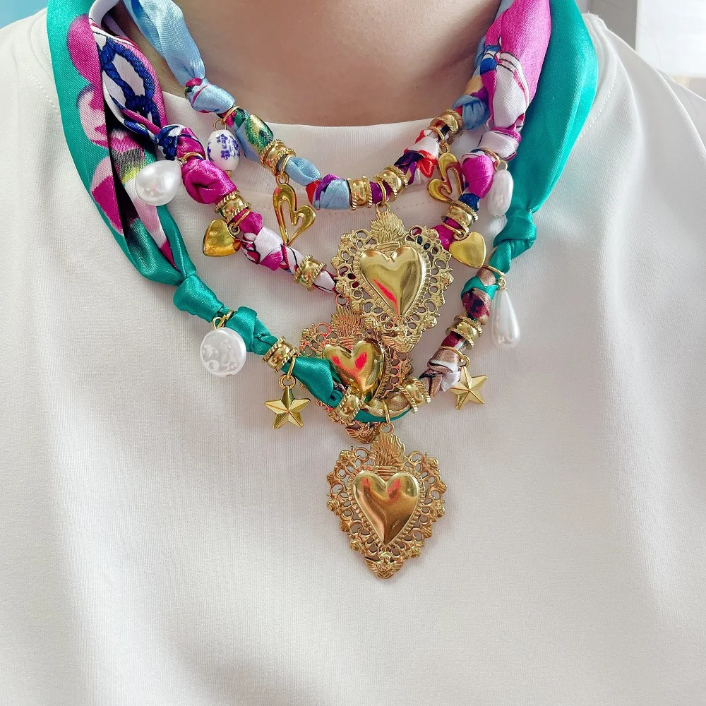 Womens Fashion Scarf Necklace with Large Stainless Steel Heart Pendant Stackable Bandana Jewelry 251031