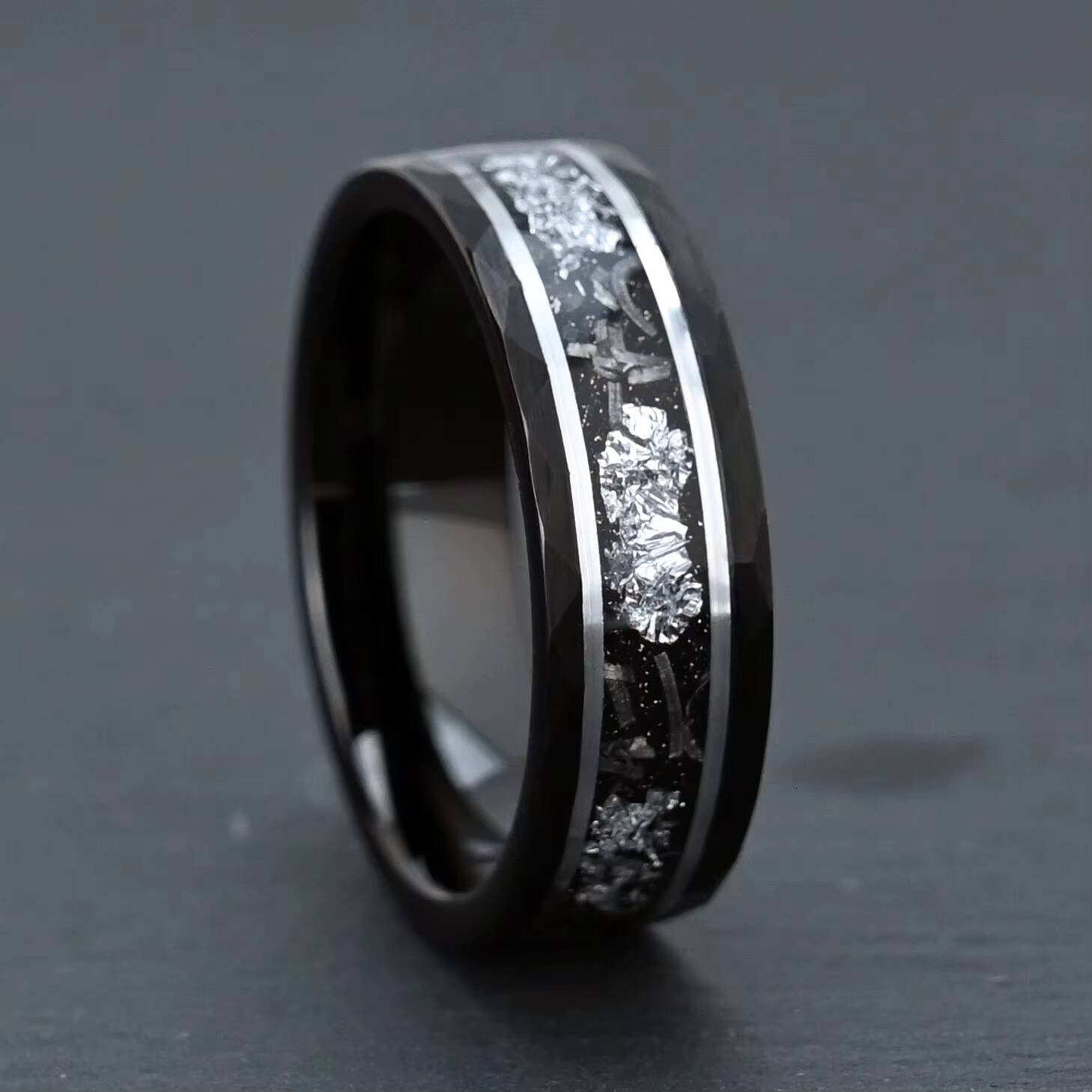 8mm Black Hammered Tungsten Silver Leaf and Meteorite Inlay Ring Vintage Luxury Wedding Band for Men Luxury Wedding Band