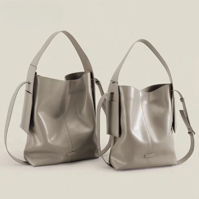 New Original Hanging Ear Strap Style Bucket Tote Glossy Oil Wax Cow Leather Women Handbag Large Cement Grey Female Shoulder Bag