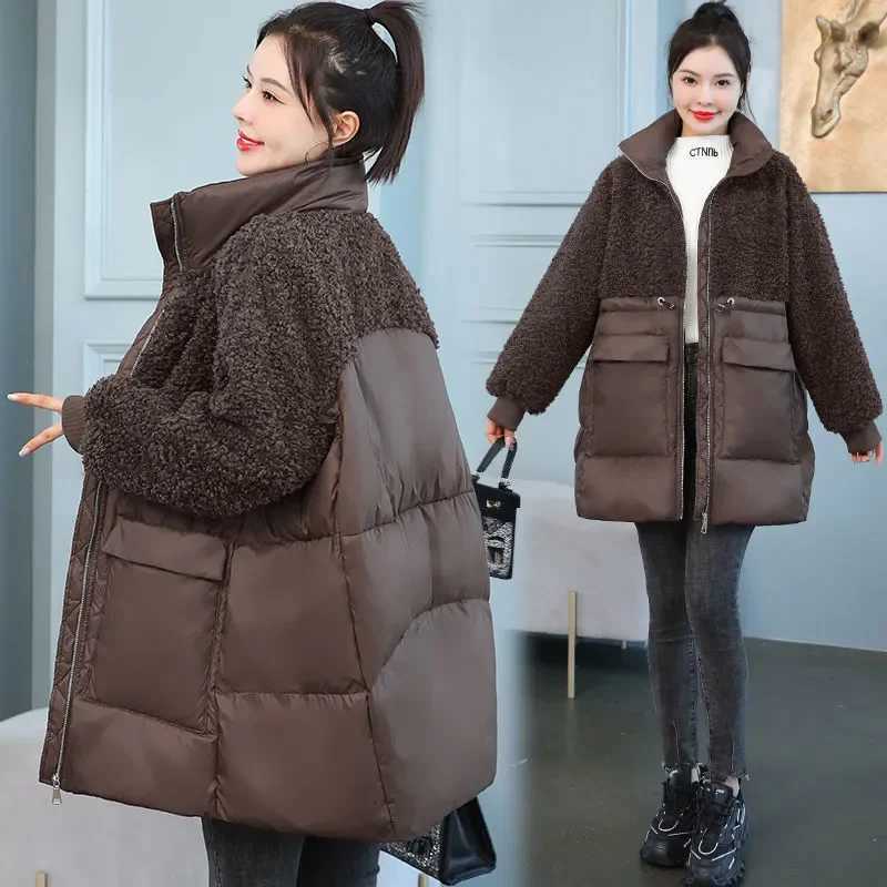 Down Jacket Womens Mid-Length 2025Winter New Cotton-Padded Coat Loose Outwear Lamb Fleece Thickened Jackets Female Overcoat TopT251105