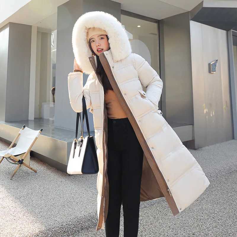 Women Cotton-padded Jacket With Fur Hooded Long Bubble Coat Female Winter Warm Parkas Outerwear Puffer Overcoat with BeltT251105