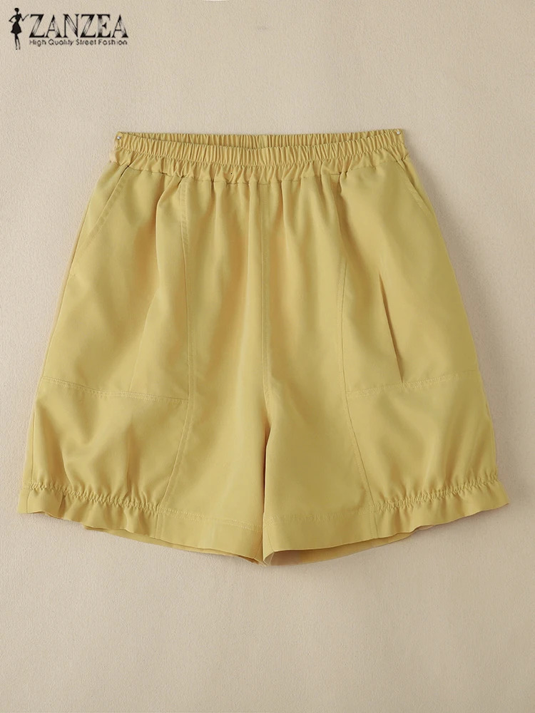 2025 ZANZEA Summer Elastic Waist Fashion Shorts for Women High Casual Solid Pocket Loose Pants Oversized 250401