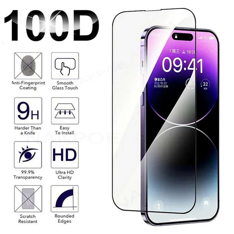 100D Full Tempered Glass For Apple 14 Plus 13 mini 12 11 Pro Screen Protector iPhone X XR XS Max Protection Glas Film