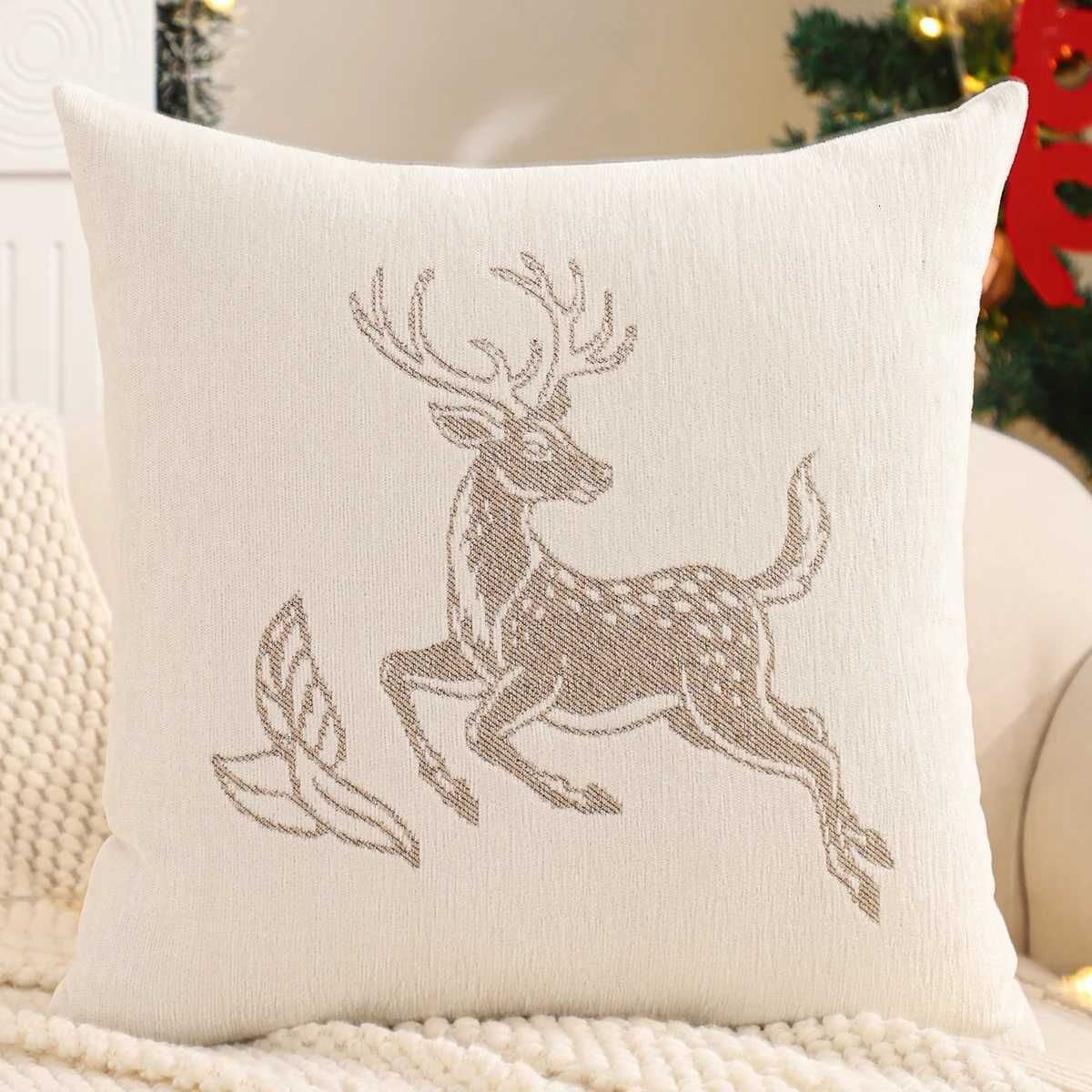 Embroidery Throw Pillow Cover Christmas Decoration Chenille Jacquard Reindeer Winter Farmhouse Home Sofa Living Room Y251105