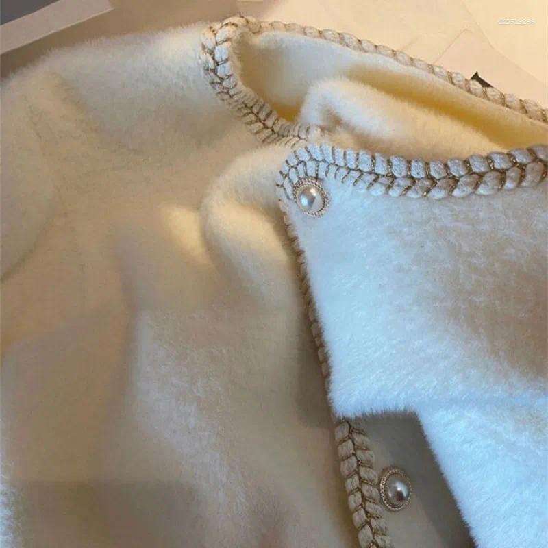 Women's Jackets Small Fragrant Wind Pearl Buckle Sweater Cardigan Spring And Autumn White Gentle Soft Milk Mink Velvet Knitted Coat M-3XL
