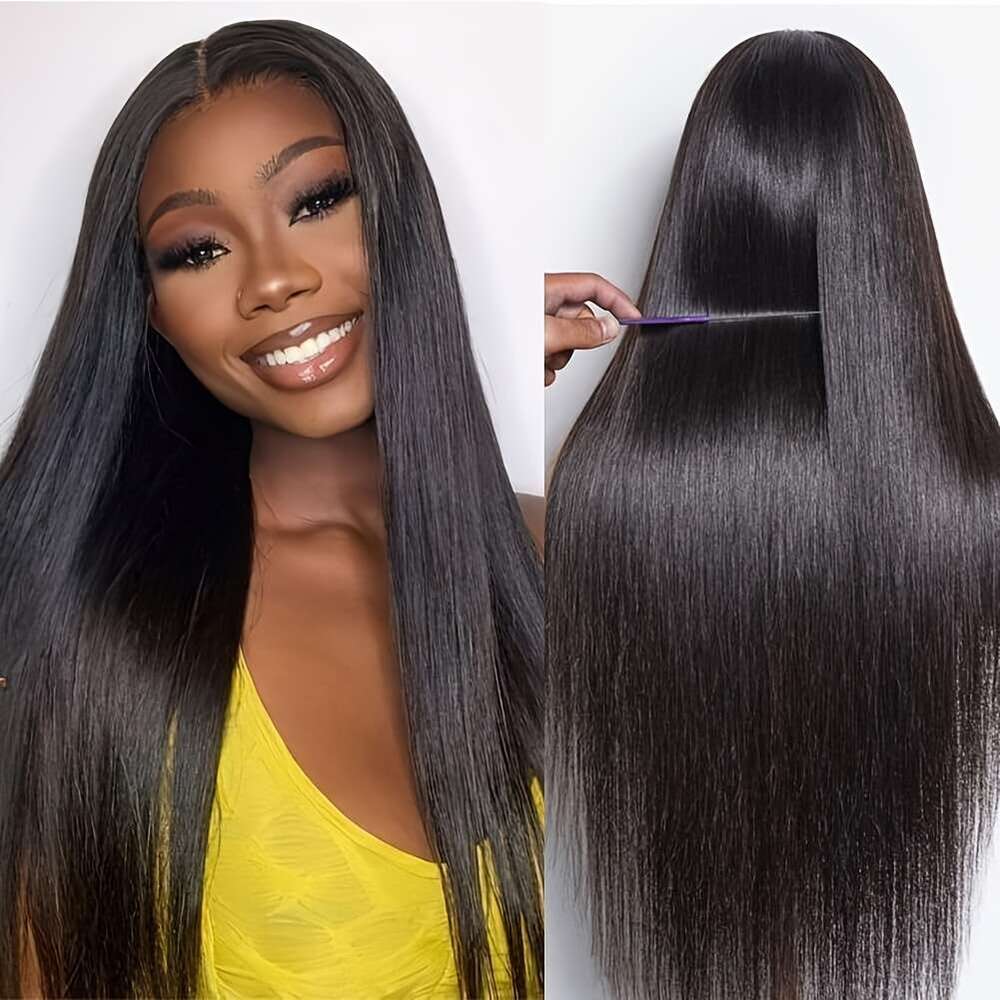 Brazilian Virgin Human Straight Front 13X4 HD 180% Density Glueless For - Pre-Plucked With Baby Natural Black, Full Lace Versatile Wig, Sleek Hair Wig