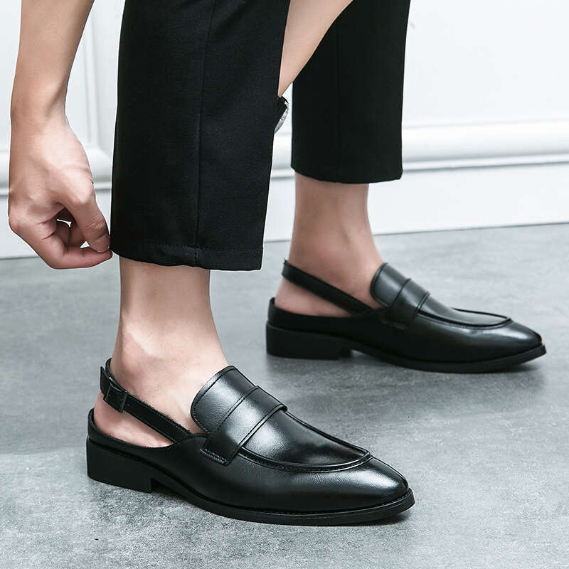 Half Dragged High Root Leather Shoes 2023 Summer New Style Personalized Fashion Show Buckle Cap Large Sandals