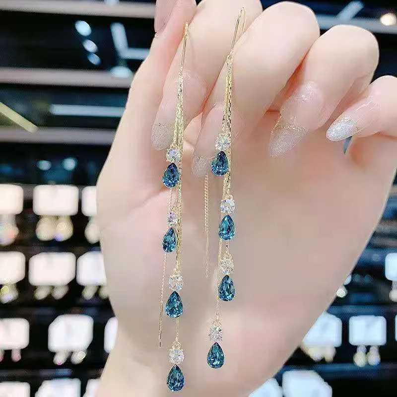 Temperament Green Zircon Drop Earrings For Women Korean Fashion Long Tassel Rhinestone Earring Wedding Party Jewelry 251131