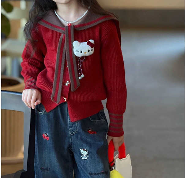 Sanrio Childrens Sweater 2025 Girls Winter New 3598KT Cat Big Kids Korean Style Simple Navy Wind Sweater Cardigan H251105