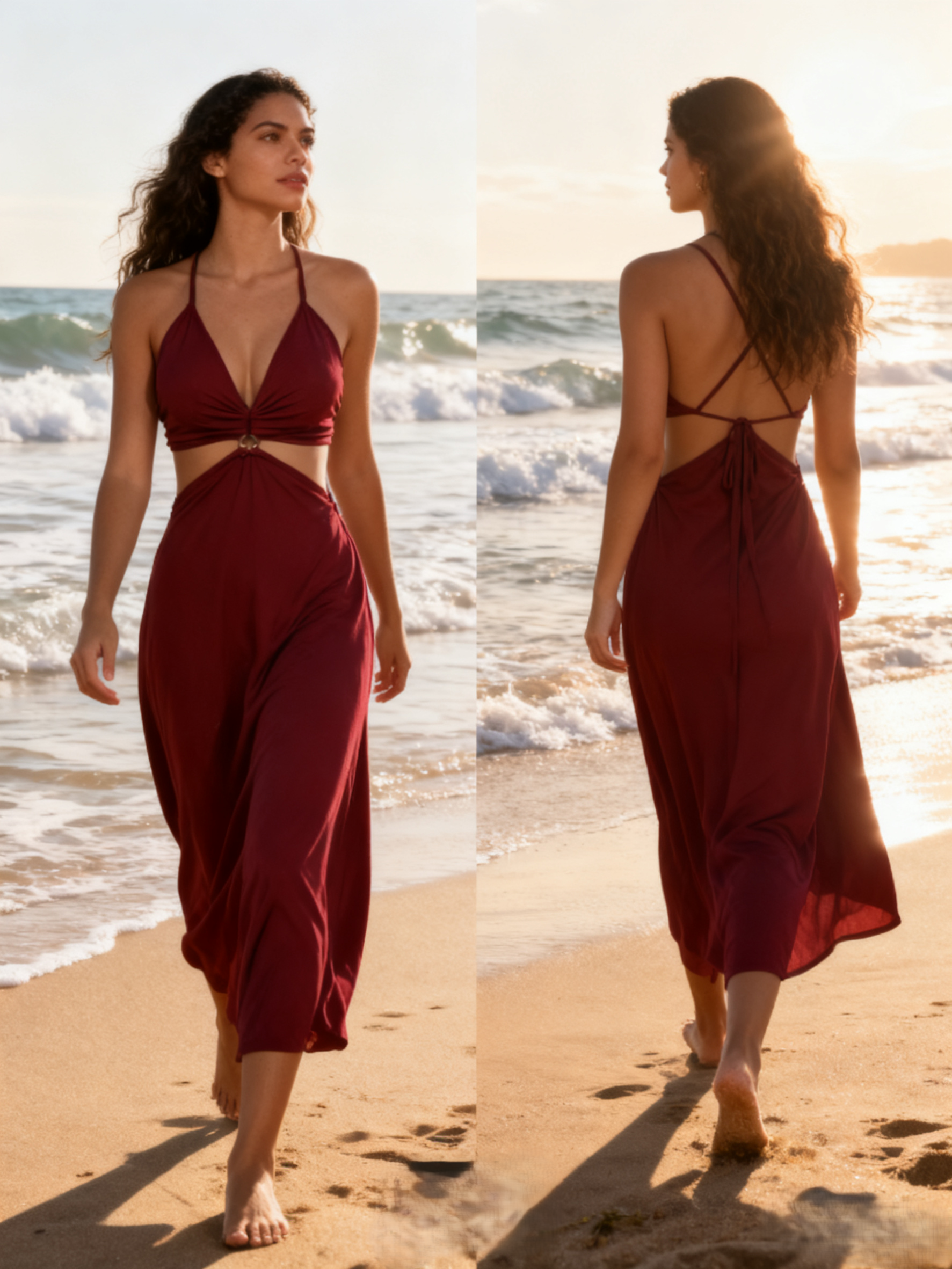 Burgundy Halter-Neck Crop Top Dress with Deep V-Neck, Metal Ring Cutout Detail, Beach Resort Style, Figure-Flattering Midi Length