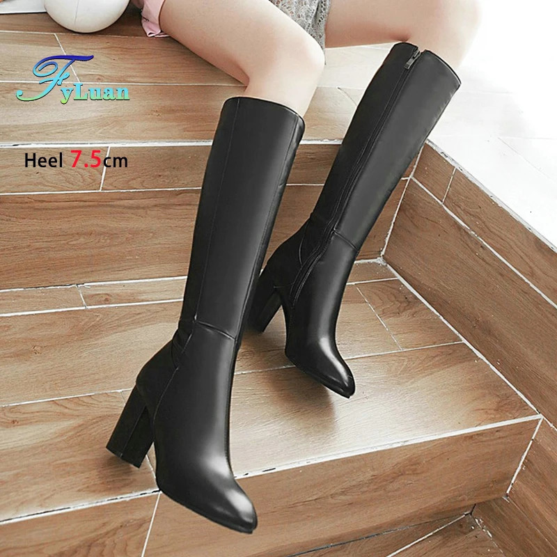 Plus Size 48 Square Toe Knee High Boots Women Side Zipper Winter Warm Long Shoes Comfort Thick Heel 75CM Black Leather Boots 251031