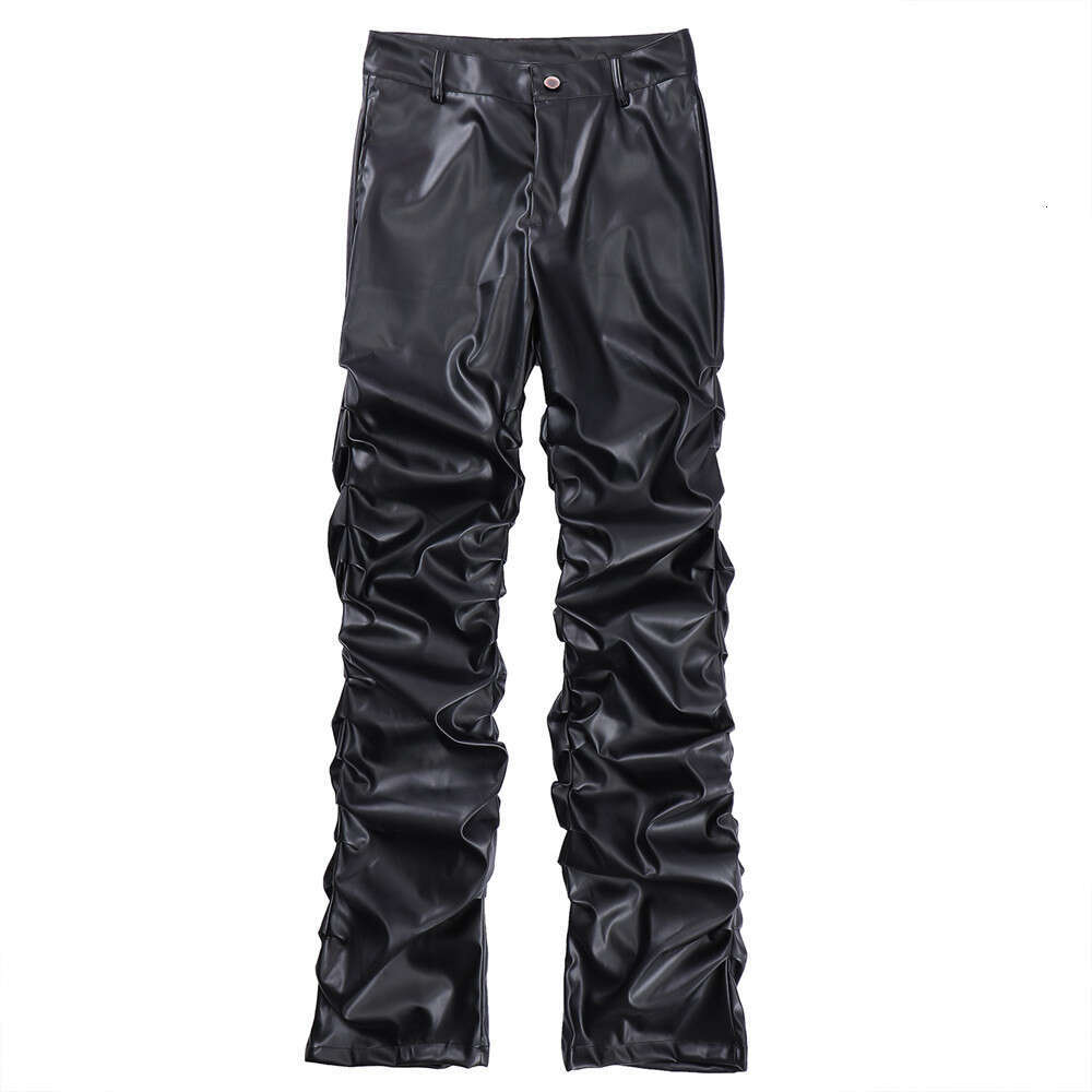 Dark Punk Niche Design Glossy Pleated PU Leather Pants Men Ins National Trend Hip Hop Loose Casual Trousers