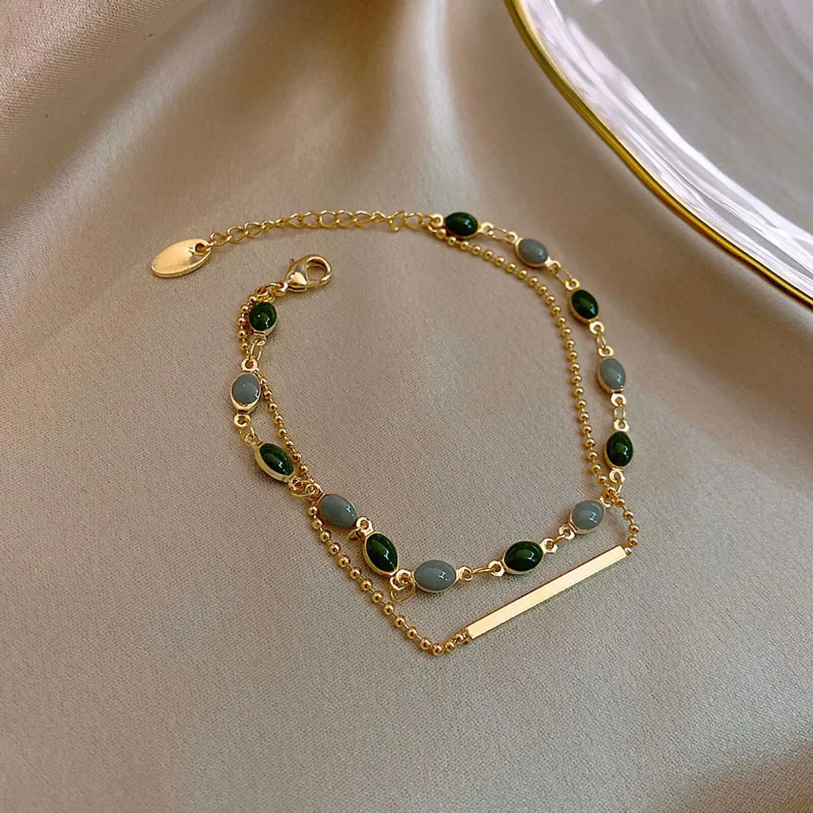 Vintage Double Layer Green Oil Dropping for Women 18k Gold Plated Beaded Chain Wristband C251105
