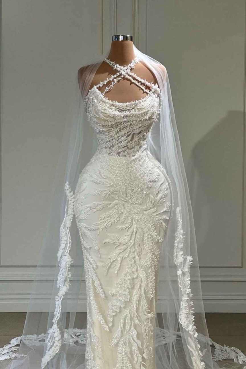 Charming Sequins Mermaid Wedding Dresses Halter Neck Sleeveless Bridal Gowns With Veil Appliques Customized Dresses