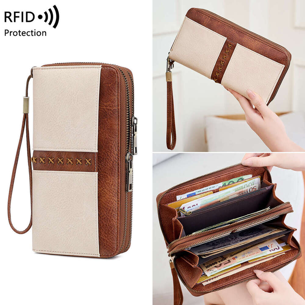 Cross-Border New RFID Women's Double Zipper Contrast Color Long Wallet European and American Retro Large Capacity Men's Clutch