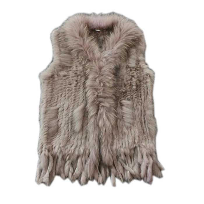 New Real ladies Genuine Knitted Rabbit Fur Vest With Raccoon Fur Trimming Waistcoat Winter Fur Jacket harppihop fur W251105