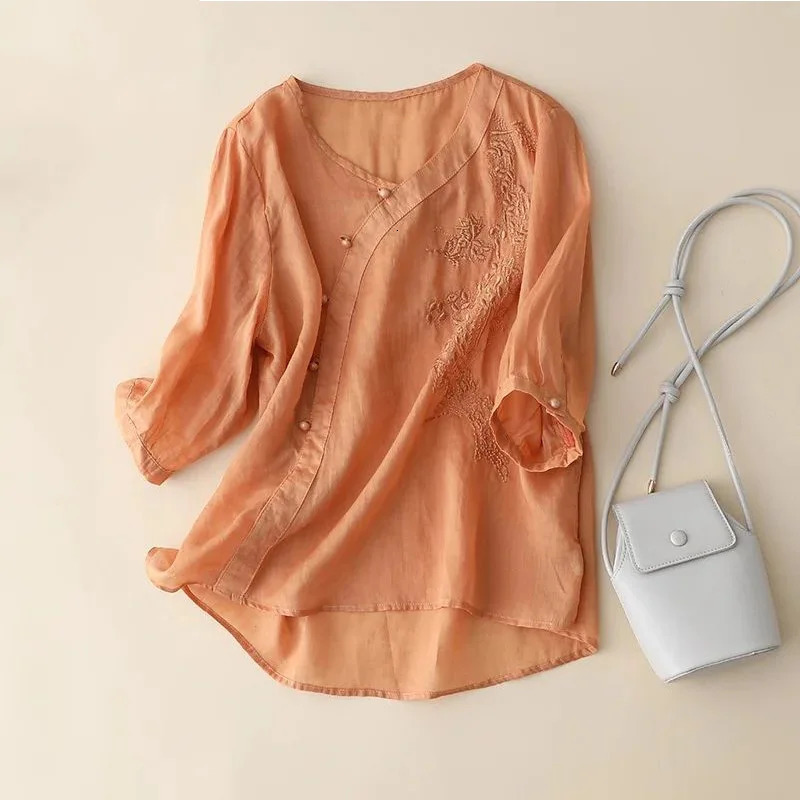 Summer Elegant Fashion Oversized High Waist Womens Shirt Solid Color Loose Cotton Linen Print V Neck Short Sleeve Y2K Chic Tops 250402