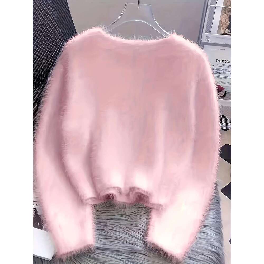 Elegant Fur Cardigan Plus Size Women's Elegant White Faux Fur-Lined Cardigan | Button-Front Sweater With Black Buttons, Round Neck Long Sleeve Fa