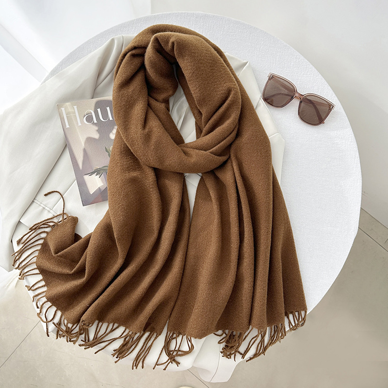 K313 Scarf autumn and winter atmosphere pure color imitation cashmere ladies temperament literary niche soft waxy warm tassel scarf shawl