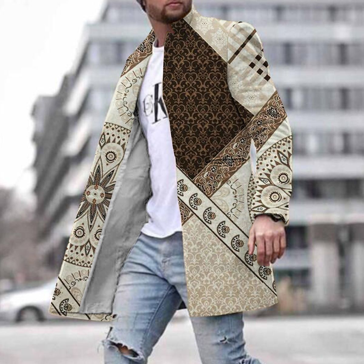 Spring new mens street youth woolen stand collar mid length pocket casual mens coat mens