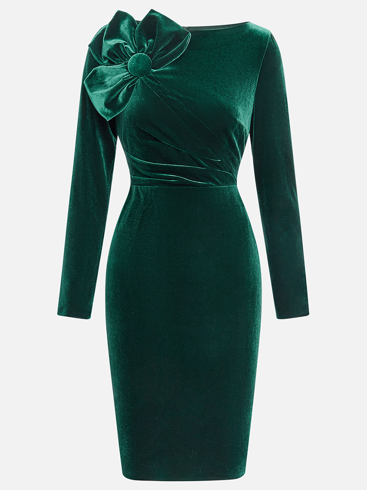 Women's Green Velvet Midi Dress with Bow Detail, Long Sleeve Bodycon Dress for Cocktail & Formal Events 23578