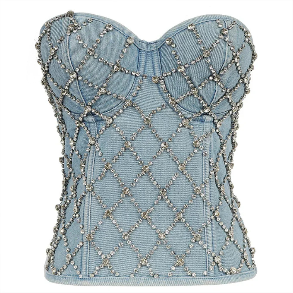 Womens denim tube top tight corset cut top diamond bead strapless vest lace zipper Bustier bra nightclub party vest top 250403