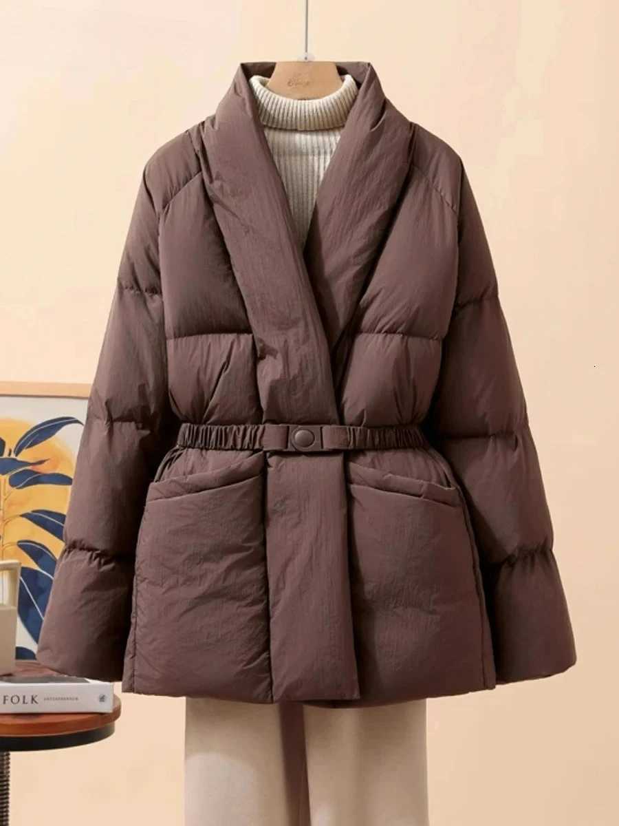 Women White Duck Down Jacket Casual Loose Belt V-neck Collar Fashion Autumn Winter Outwear Korean Style Coat 2026 NewT251105