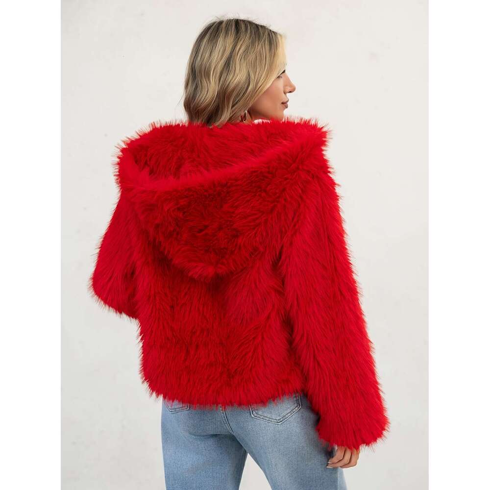 Women's Elegant Red Faux Fur Hooded - Long Sleeve, Button-Up Front, Lined, Perfect For Fall/Winter, Casual Style, Outerwear Fluffy Lined | Button