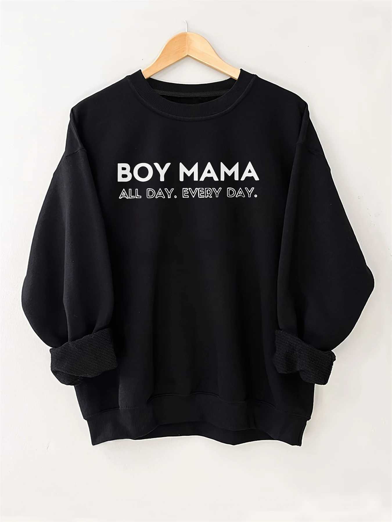 Womens autumn and winter casual loose and warm BOY MAMA printed comfortable plus velvet long sleeved round neck pulloverT251105